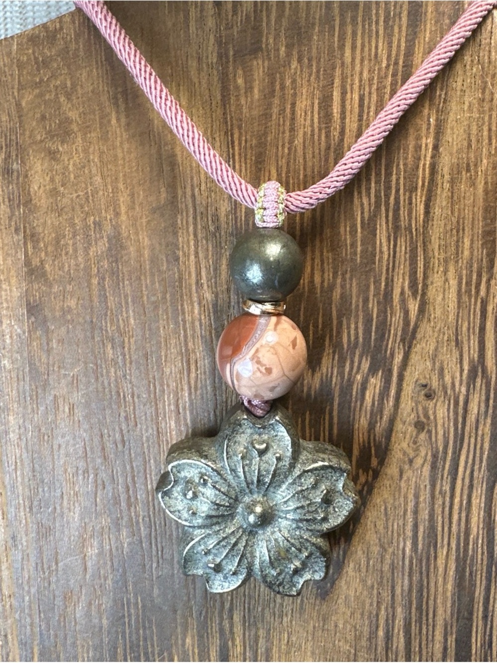 Pyrite Daisy Flower Pendant Necklace on Pink Adjustable Rope - Picture 3 of 15